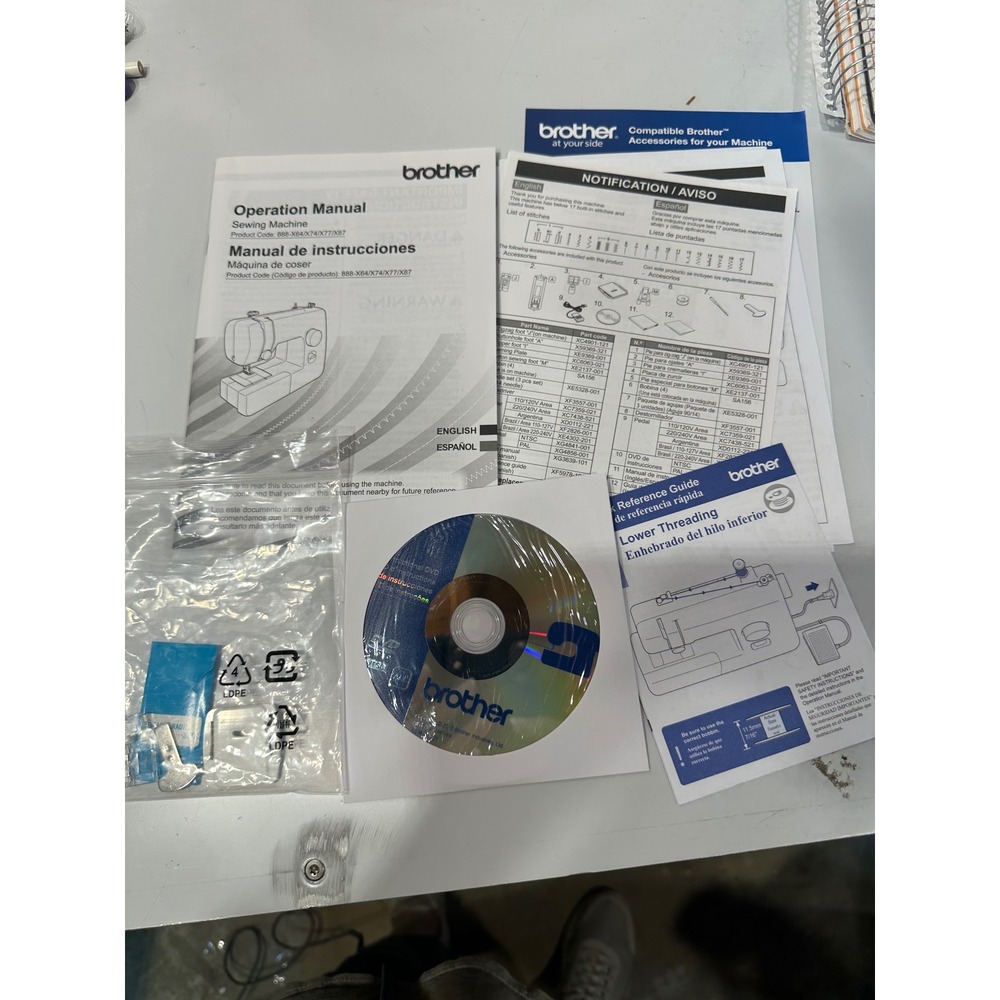 Brother Sewing Machine Manual DVD and Accessories 888-X64 X74 X77 X87 Series